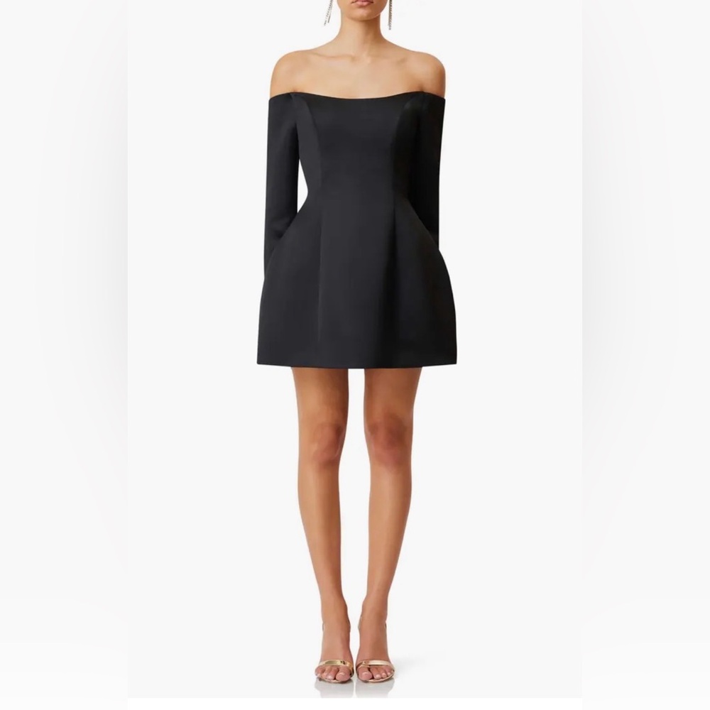 Elliatt Black Vida Satin Off the Shoulder Long Sleeve Cocktail Mini Dress